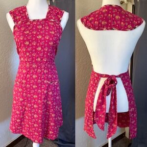 April Cornell Pink Floral Cotton Pinafore Apron  Cottagecore Pockets farmhouse